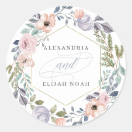 白とピンクのバラの幾何学的フローラ | 結婚s ラウンドシール