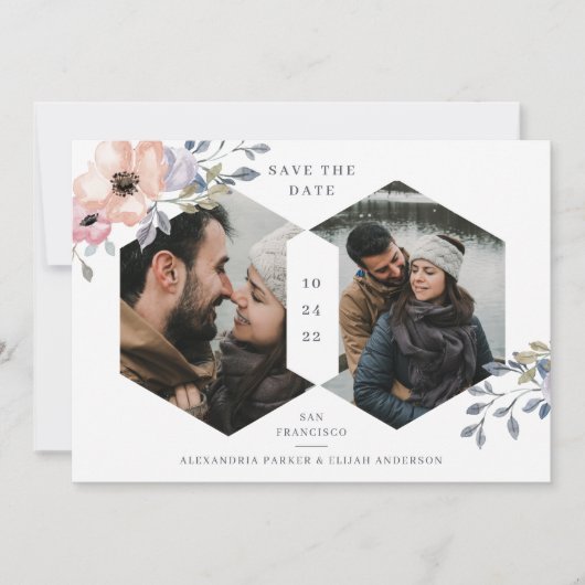 白とピンクのバラの幾何学的フローラ | 2枚の写真 セーブザデート (正面)