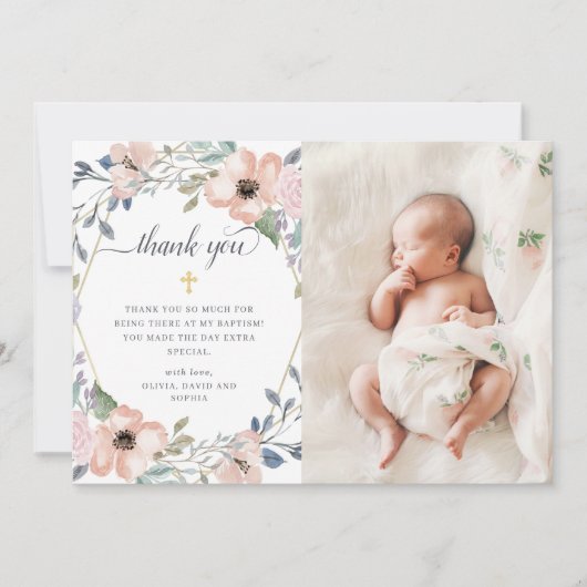 白とピンクのフローラ幾何学的 |写真バプテスマ サンキューカード (正面)