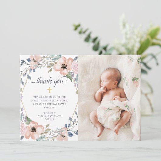 白とピンクのフローラ幾何学的 |写真バプテスマ サンキューカード (スタンド正面)