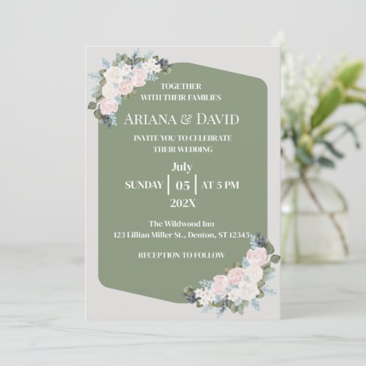 白とピンクのフローラ結婚の 招待状 (スタンド正面)