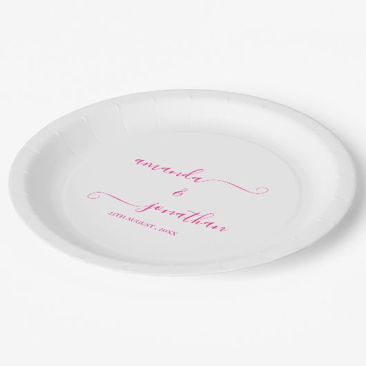 白とピンクのミニマエレガントリスト結婚スクリプト ペーパープレート (アングル)