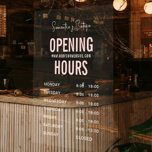 白とピンクのモダンな店舗営業時間テンプレート ウィンドウサイン