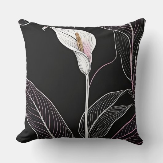 白とピンクのユリが黒 クッション (正面)