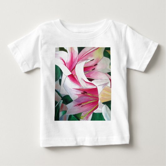 白とピンクのユリの花の水彩アート ベビーTシャツ (正面)