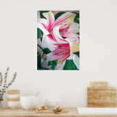 白とピンクのユリの花の水彩アート ポスター (キッチン)