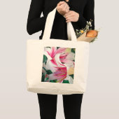 白とピンクのユリの花の水彩アート ラージトートバッグ (正面(商品))