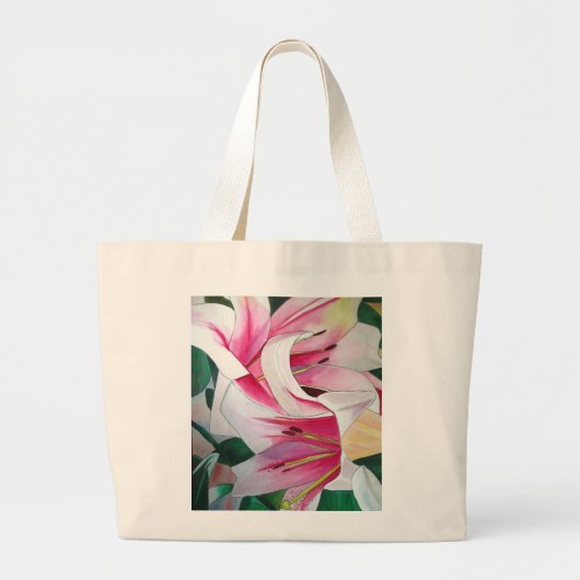 白とピンクのユリの花の水彩アート ラージトートバッグ (正面)