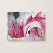 白とピンクのユリの花の水彩画 ジグソーパズル (横)