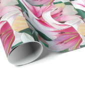 白とピンクのユリの花の水彩画 ラッピングペーパー (ロールコーナー)