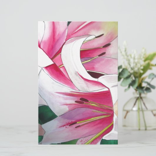 白とピンクのユリの花の水彩画 便箋 (スタンド正面)