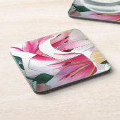 白とピンクのユリの花の水色のオリジナルアート コースター (左側)