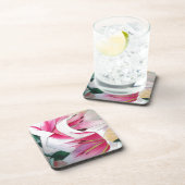 白とピンクのユリの花の水色のオリジナルアート コースター (右側)
