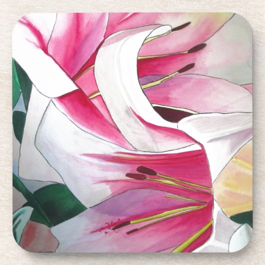 白とピンクのユリの花の水色のオリジナルアート コースター (正面)