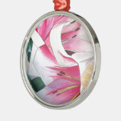 白とピンクのユリの花 水彩画 原画 メタルオーナメント (左)