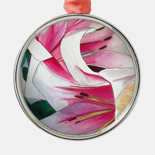 白とピンクのユリの花 水彩画 原画 メタルオーナメント (正面)