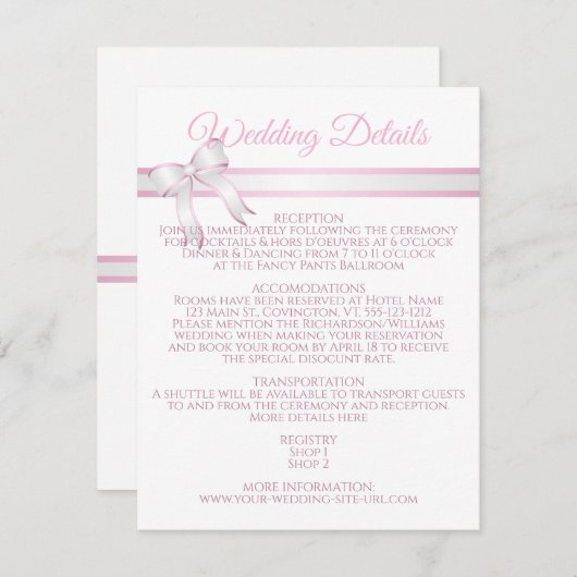 白とピンクのリボンの結婚詳細エンクロージャ エンクロージャーカード (正面/裏面)