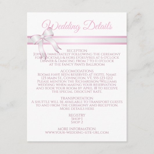 白とピンクのリボンの結婚詳細エンクロージャ エンクロージャーカード (正面)