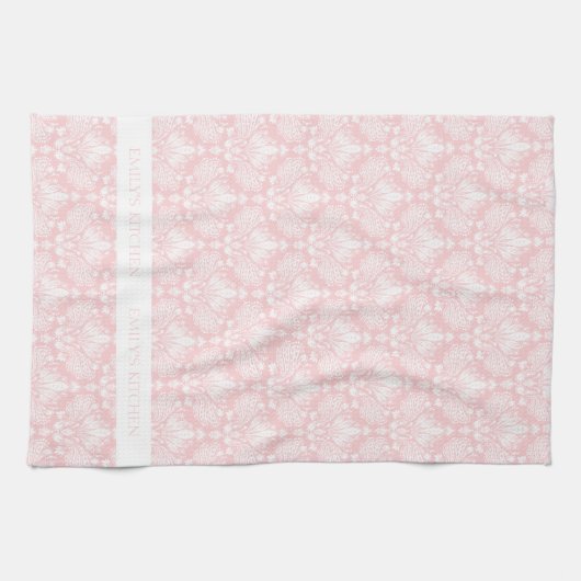 白とピンクのヴィンテージ淡い色のフローラのマスクのパターン キッチンタオル (横)