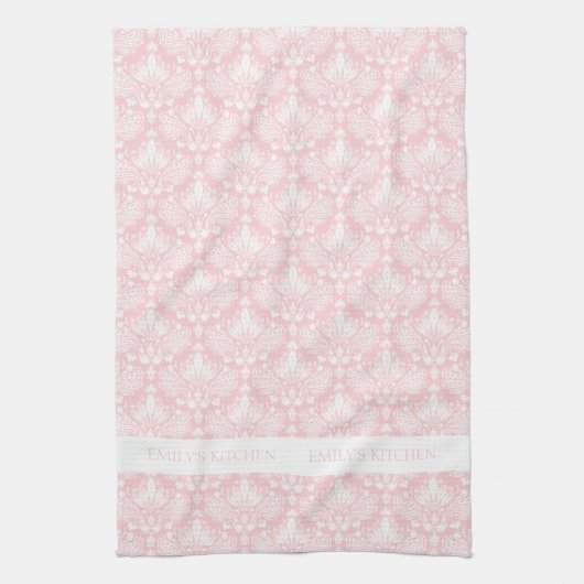 白とピンクのヴィンテージ淡い色のフローラのマスクのパターン キッチンタオル (縦)