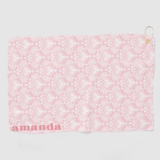 白とピンクのヴィンテージ淡い色のフローラのマスクのパターン ゴルフタオル (横)