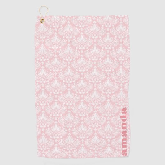 白とピンクのヴィンテージ淡い色のフローラのマスクのパターン ゴルフタオル (正面)