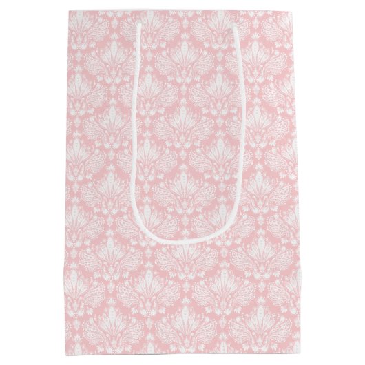 白とピンクのヴィンテージ淡い色のフローラのマスクのパターン ミディアムペーパーバッグ (裏面)
