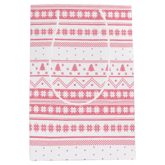 白とピンクの北欧セーターのクリスマスパターン ミディアムペーパーバッグ (正面)