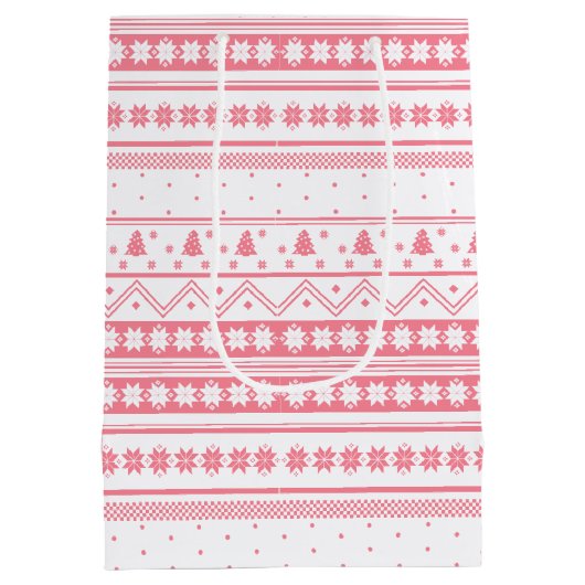 白とピンクの北欧セーターのクリスマスパターン ミディアムペーパーバッグ (裏面)