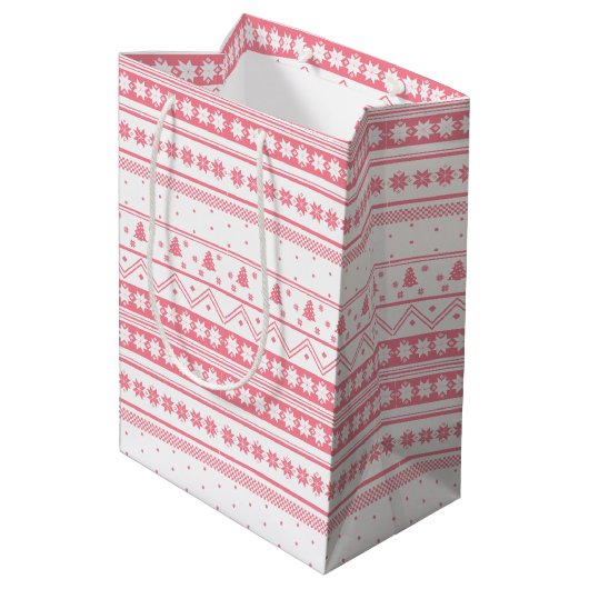 白とピンクの北欧セーターのクリスマスパターン ミディアムペーパーバッグ (裏面アングル)