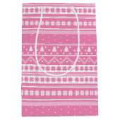 白とピンクの北欧セーターのクリスマスパターン ミディアムペーパーバッグ (正面)