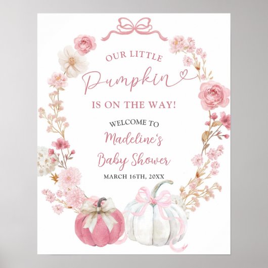 白とピンクの小さなカボチャ歓迎サイン ポスター (正面)