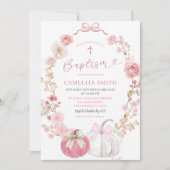 白とピンクの弓コケットパンプキンバプテスマ 招待状 (正面)
