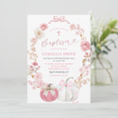 白とピンクの弓コケットパンプキンバプテスマ 招待状 (スタンド正面)