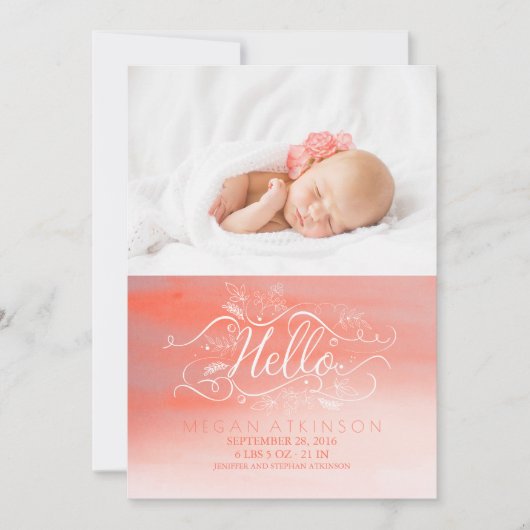 白とピンクの水の色の生まれたばかりのベビー写真誕生 案内状 (正面)