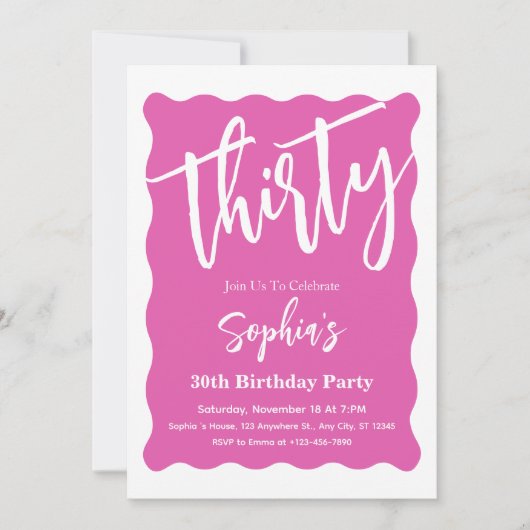 白とピンクの波状曲線モダン30th誕生日パーティー 招待状 (正面)