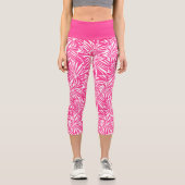 白とピンクの熱帯性葉反復パターン カプリレギンス (正面)