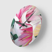 白とピンクの百合花水彩オリジナル画 ラウンド壁時計 (傾斜)