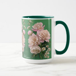 白とピンクの芍薬のモノグラム 名前入り マグカップ