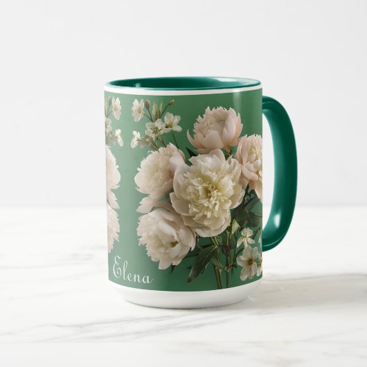 白とピンクの芍薬のモノグラム 名前入り マグカップ (正面右)