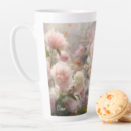 白とピンクの芍薬の水彩画 名入れ カフェラテマグ