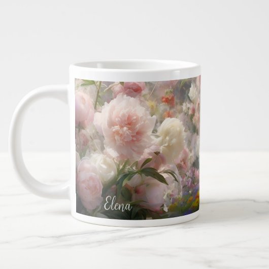 白とピンクの芍薬の美しい水彩画 ジャンボコーヒーマグカップ (左)