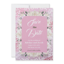 白とピンクの花とステンシルSAVE THE DATE card