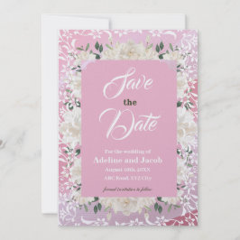 白とピンクの花とステンシルSAVE THE DATE card 招待状