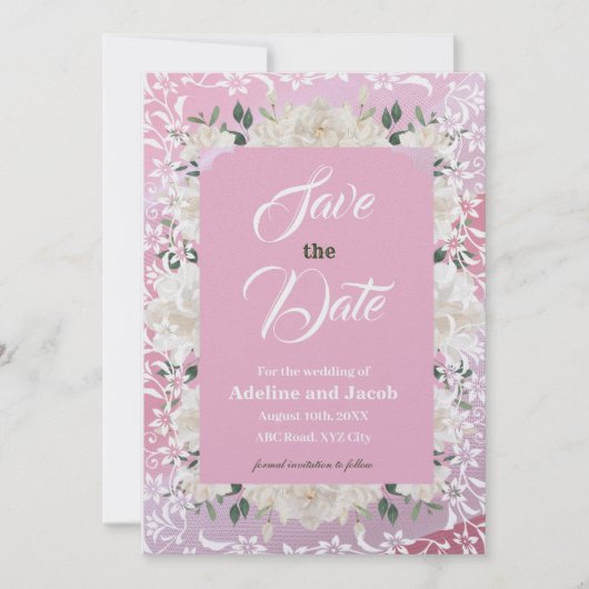 白とピンクの花とステンシルSAVE THE DATE card 招待状 (正面)