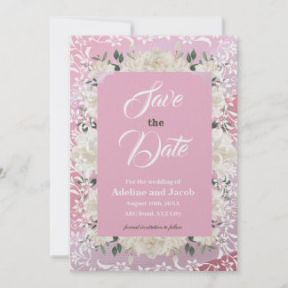 白とピンクの花とステンシルSAVE THE DATE card 招待状