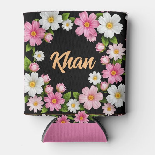 白とピンクの花の前の名前 缶クーラー (正面)
