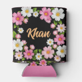 白とピンクの花の前の名前 缶クーラー (裏面)