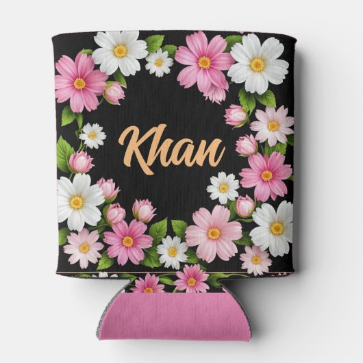白とピンクの花の前の名前 缶クーラー (裏面)