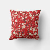 白とピンクの花を持つ明るい赤の枕 クッション (裏面)
